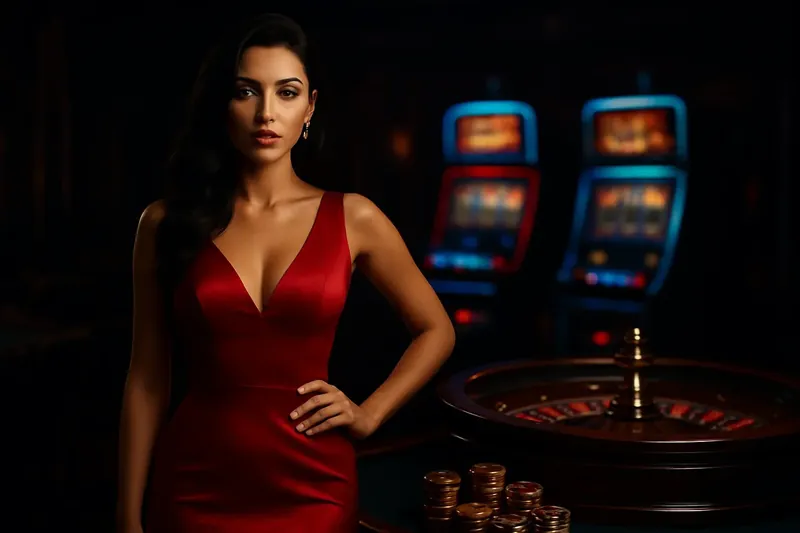 Elegant woman in red dress near roulette and slot machines