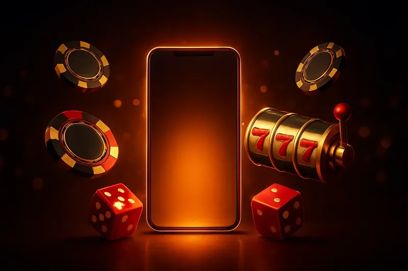 Glowing smartphone with casino chips, slot reels, and dice